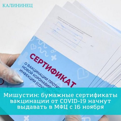 Мишустин: бумажные сертификаты вакцинации от COVID-19 начнут выдавать в МФЦ с 16 ноября